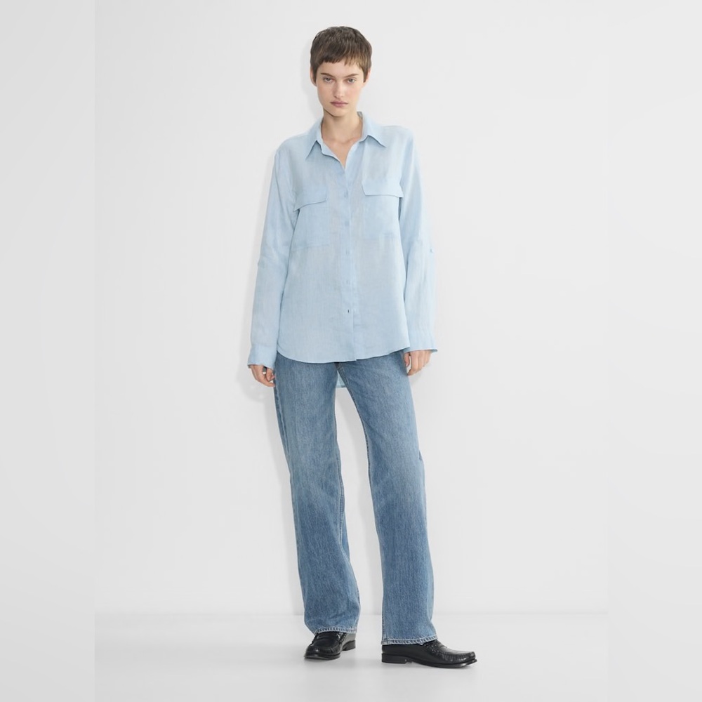 SOLD M Babaton Aritzia Linen Blue Relaxed Utility Button-up Shirt Womens Small - Picture 11 of 11